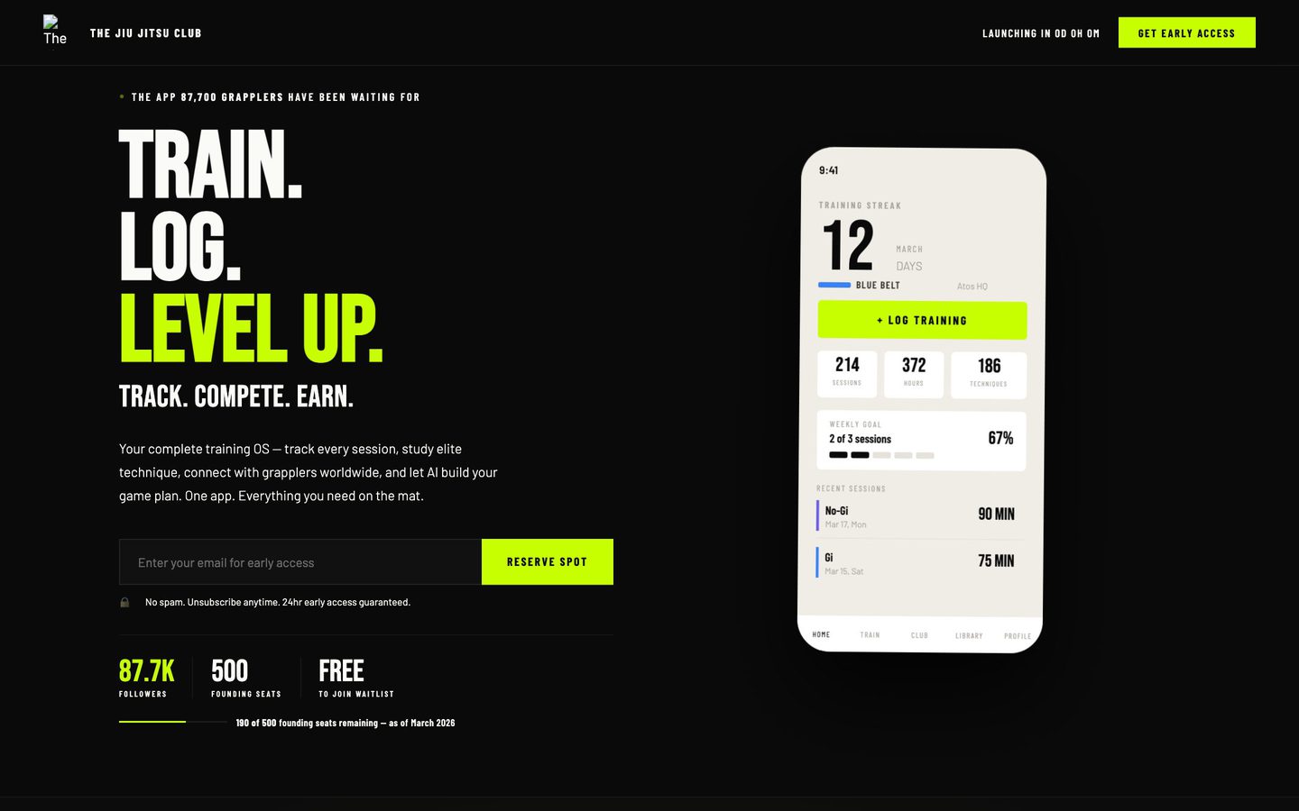 Jiu Jitsu Club launch page with the headline Train. Log. Level up.