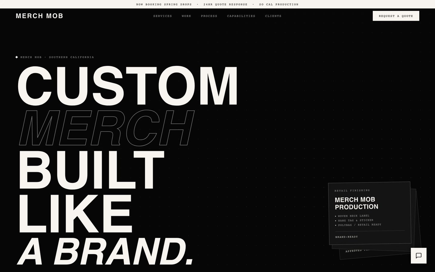 Merch Mob homepage with the headline Custom merch built like a brand.